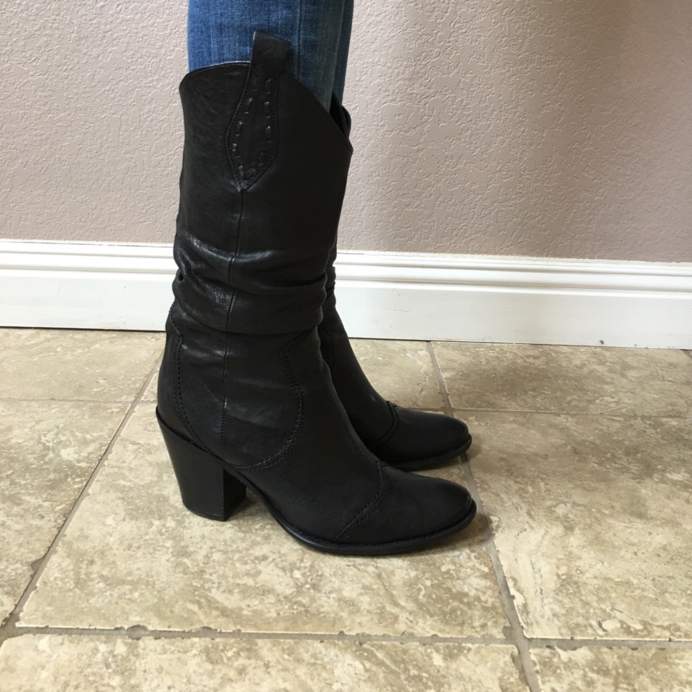 Black low heel western style boots